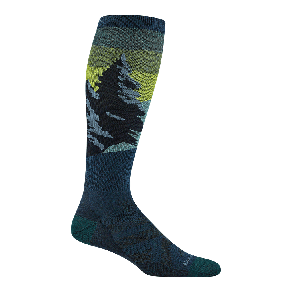 8014 men's solstice over-the-calf ski sock in  with eclipse green toe/heel accents and snowy mountain design 