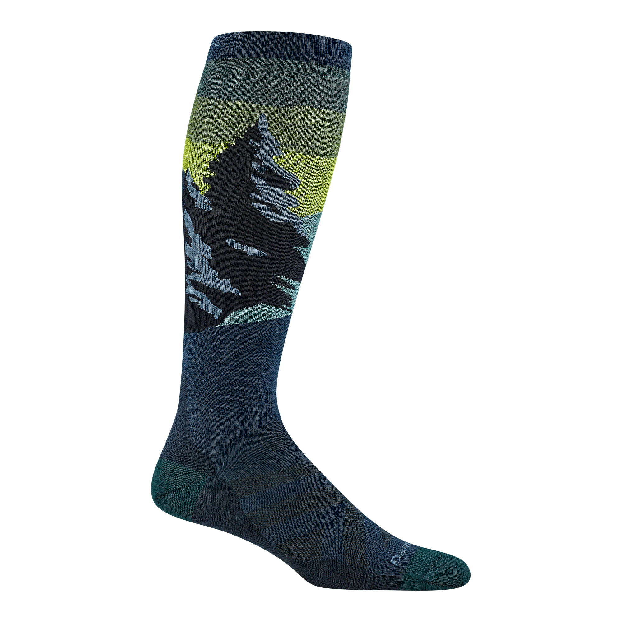 8014 men's solstice over-the-calf ski sock in  with eclipse green toe/heel accents and snowy mountain design 