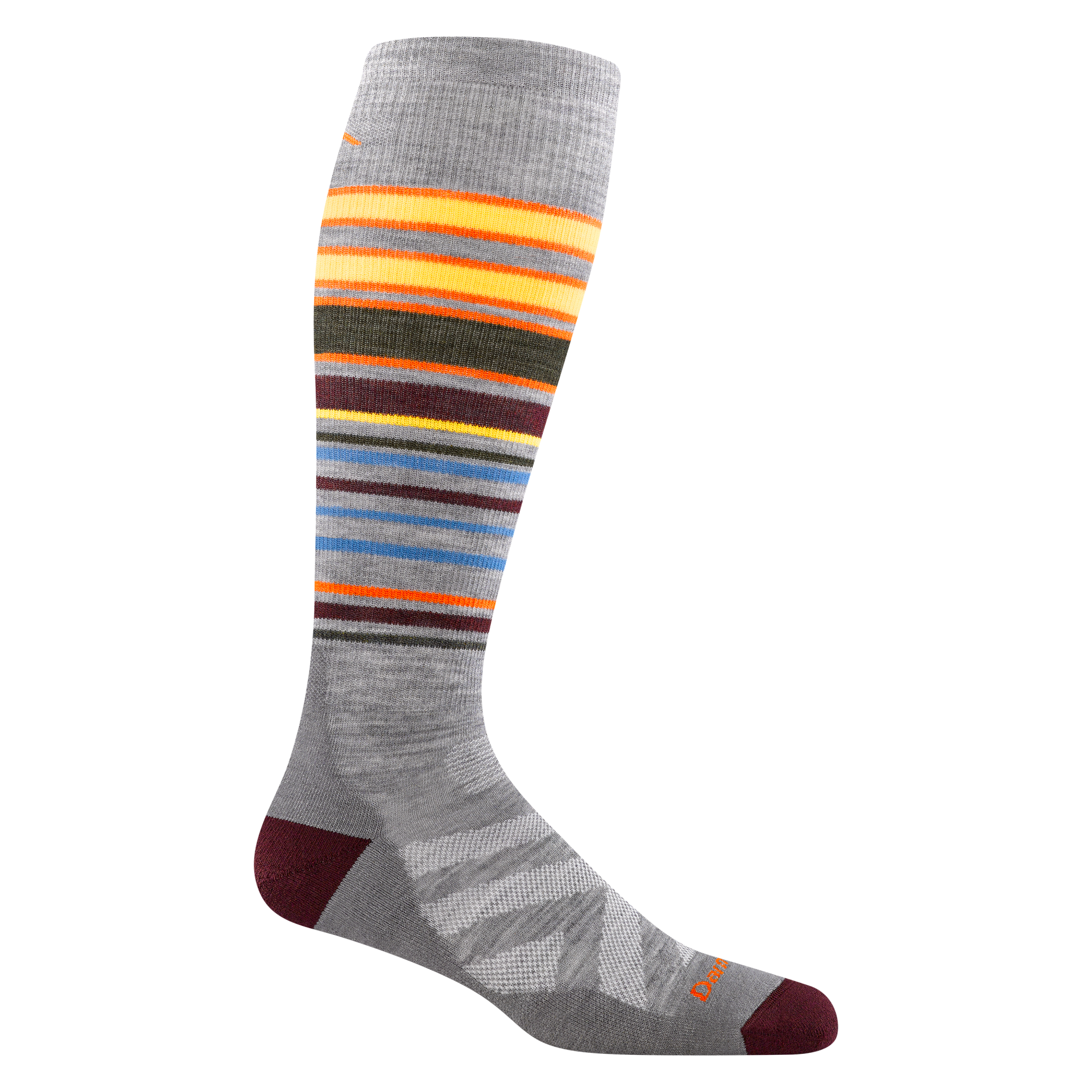8017 Snowpack over the calf ski and snowboard sock in gray featuring maroon toe/heel and multi color stripes on leg 