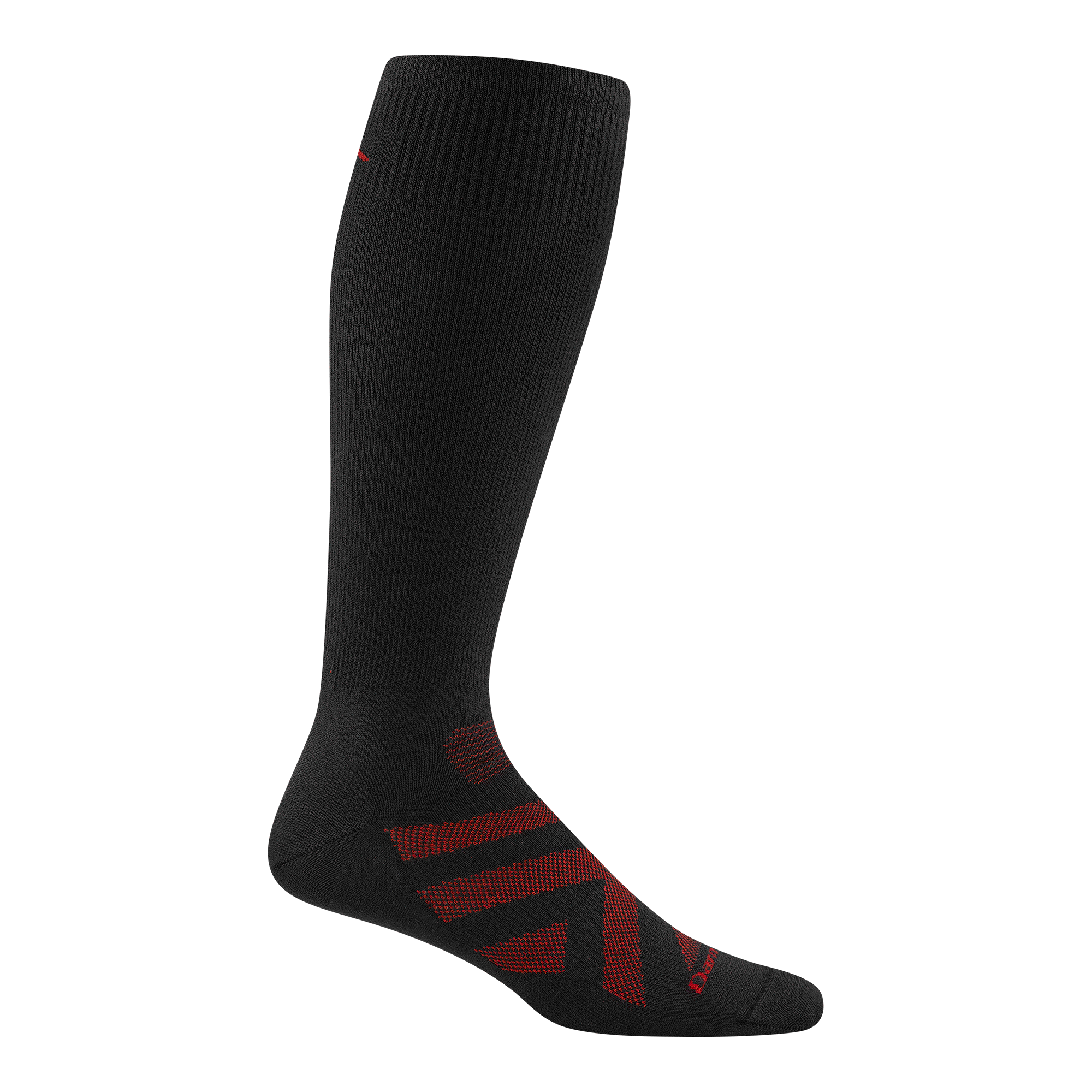 8019 men's thermolite RFL over-the-calf ski sock in color black with red chevron and darn tough signature on forefoot