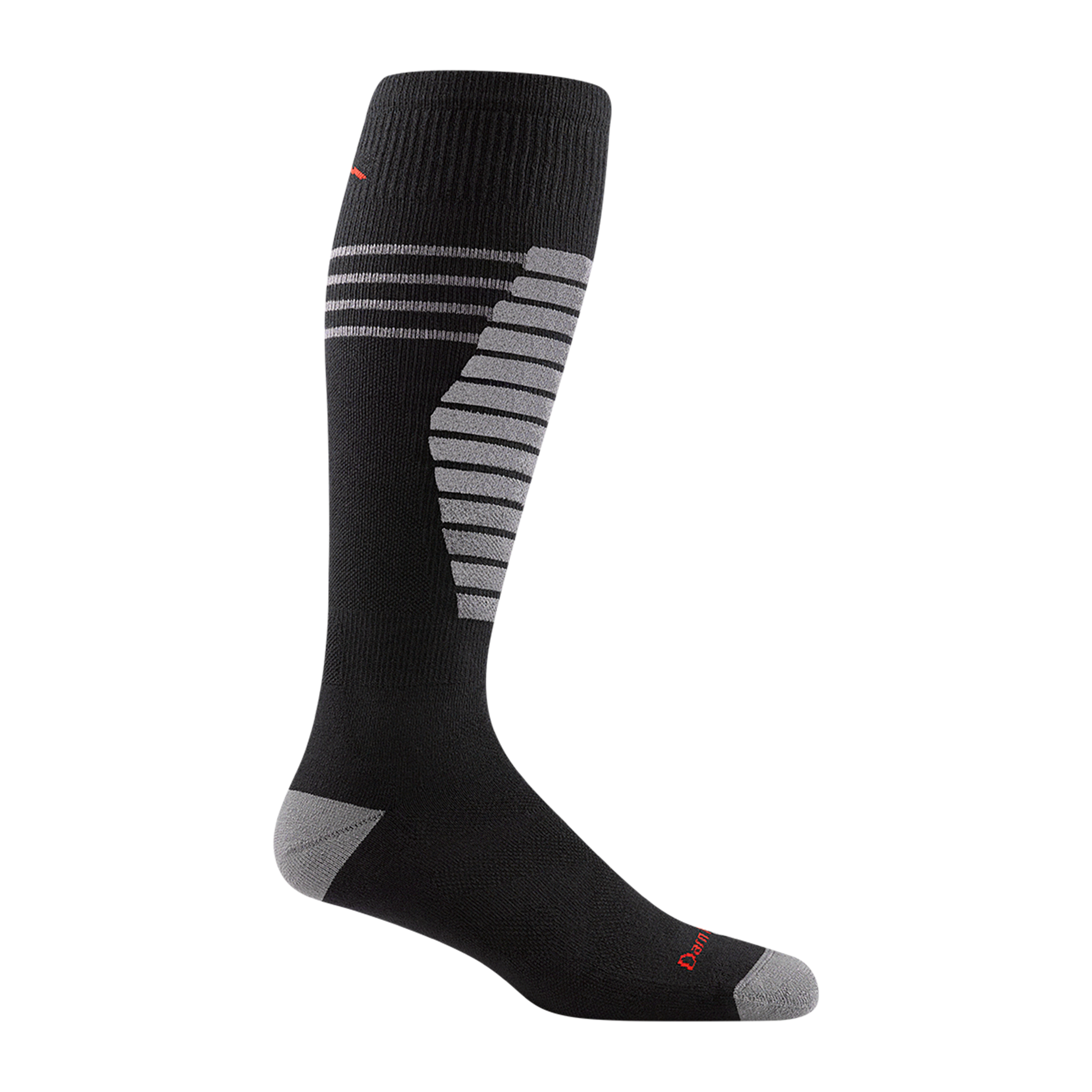8020 men's thermolite edge over-the-calf ski sock in color black with light gray toe/heel accents and gray shin striping