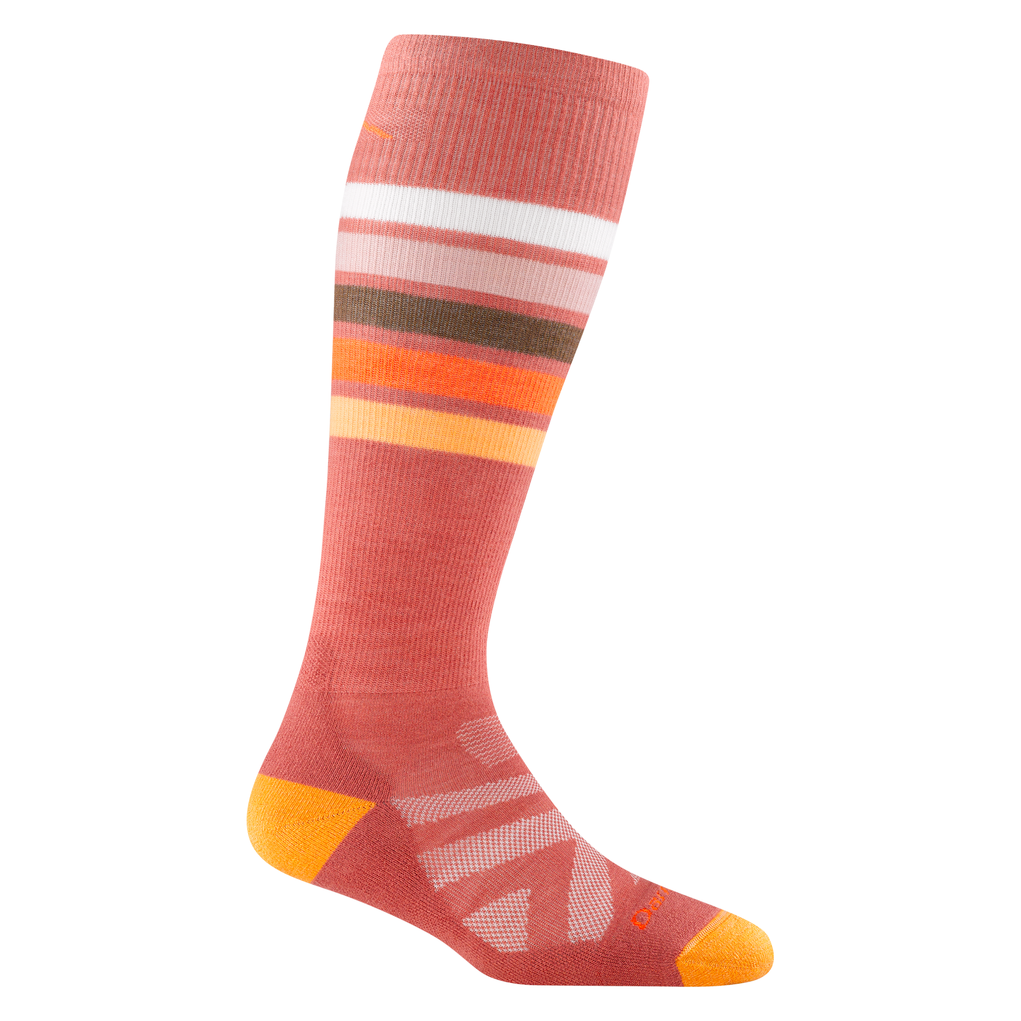 8028 women's snowburst over-the-calf ski sock in Canyon pink with orange accents, and yellow, brown and white calf striping 