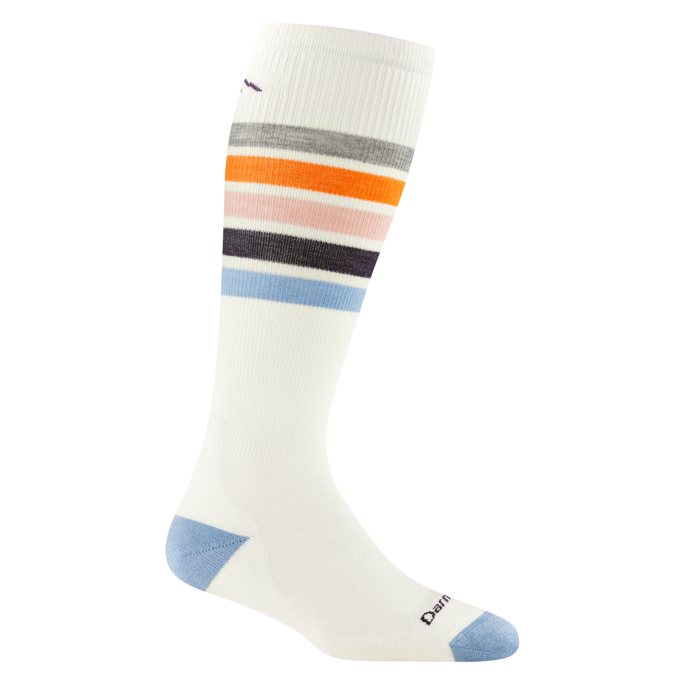 8028 women's snowburst over-the-calf ski sock in white with blue accents, and orange, blue and gray calf striping 