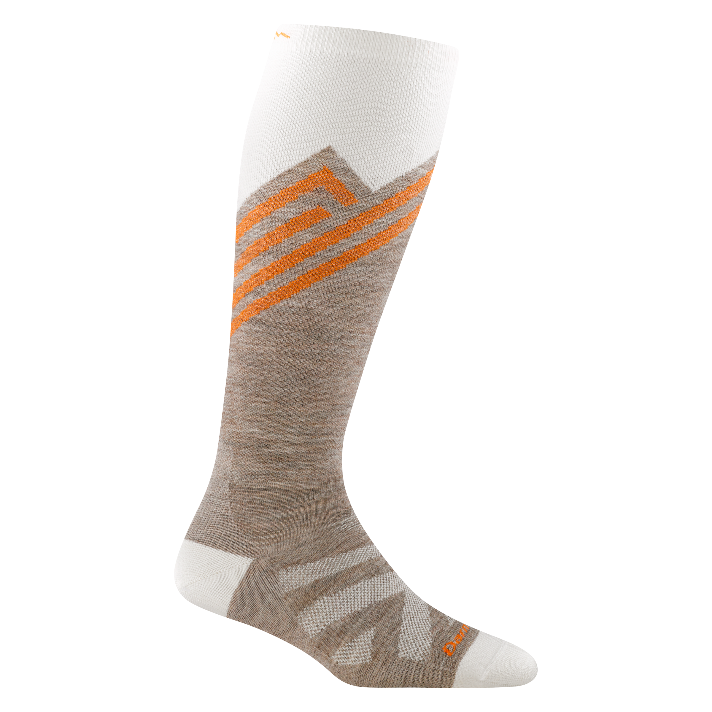 8035 women's peaks over-the-calf ski sock in biscotti with cream toe/heel accents and orange striping on calf 