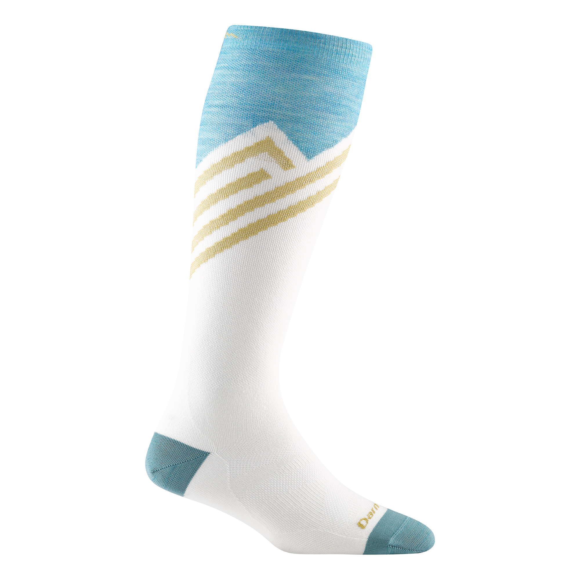 8035 women's peaks over-the-calf ski sock in white with aqua toe/heel accents and gold striping on calf