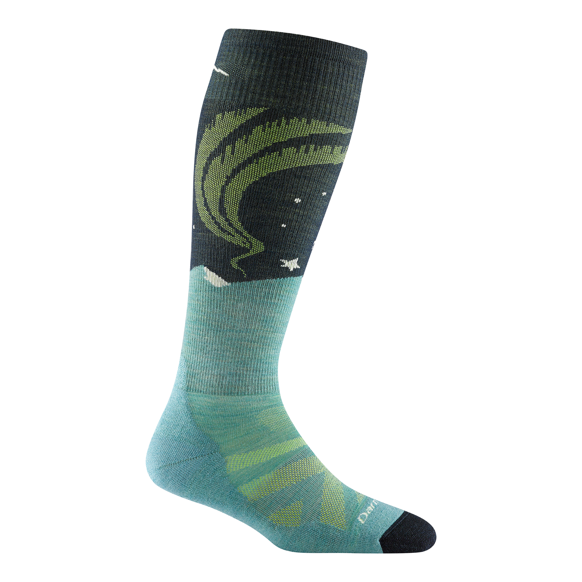 8036 women's aurora over-the-calf ski sock in aqua and dark gray with black toe and northern lights design on calf