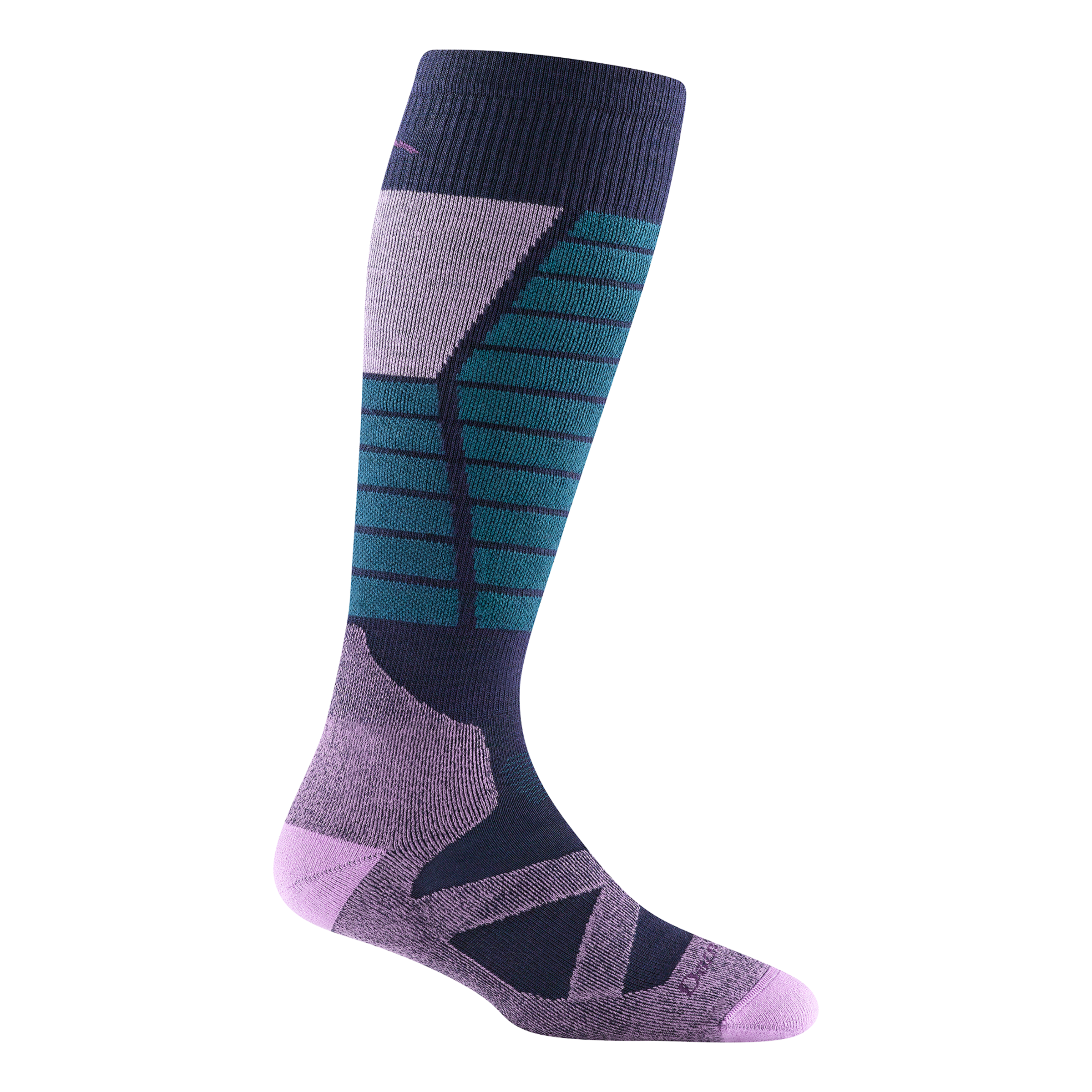 8040 women's function X over-the-calf ski & snowboard socks in eclipse with purple toe/heel accents and teal stripes