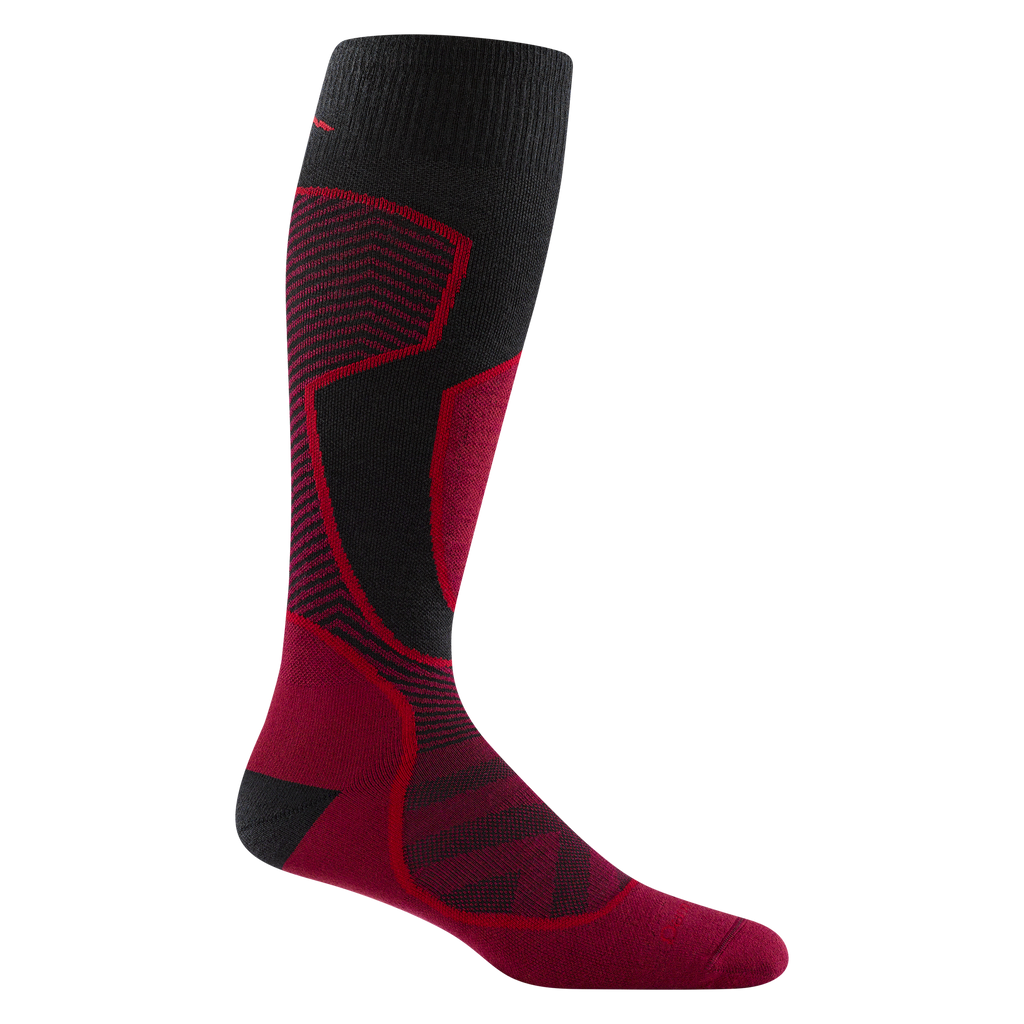 8042 outer limits over the calf in burgundy with burgundy toe with a black heel red design outline and logo