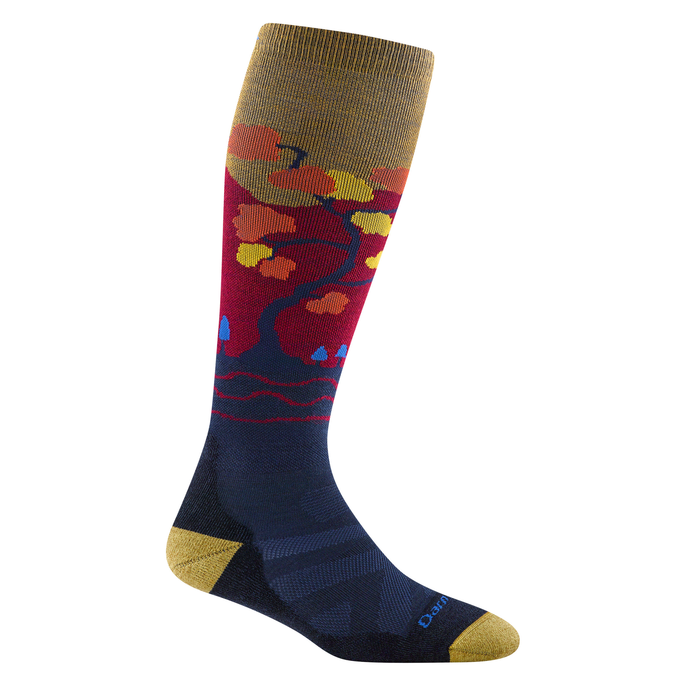 8046 enchanted ski and snow over the calf featuring yellow heel/toe purple body with tree and fall leave on calf