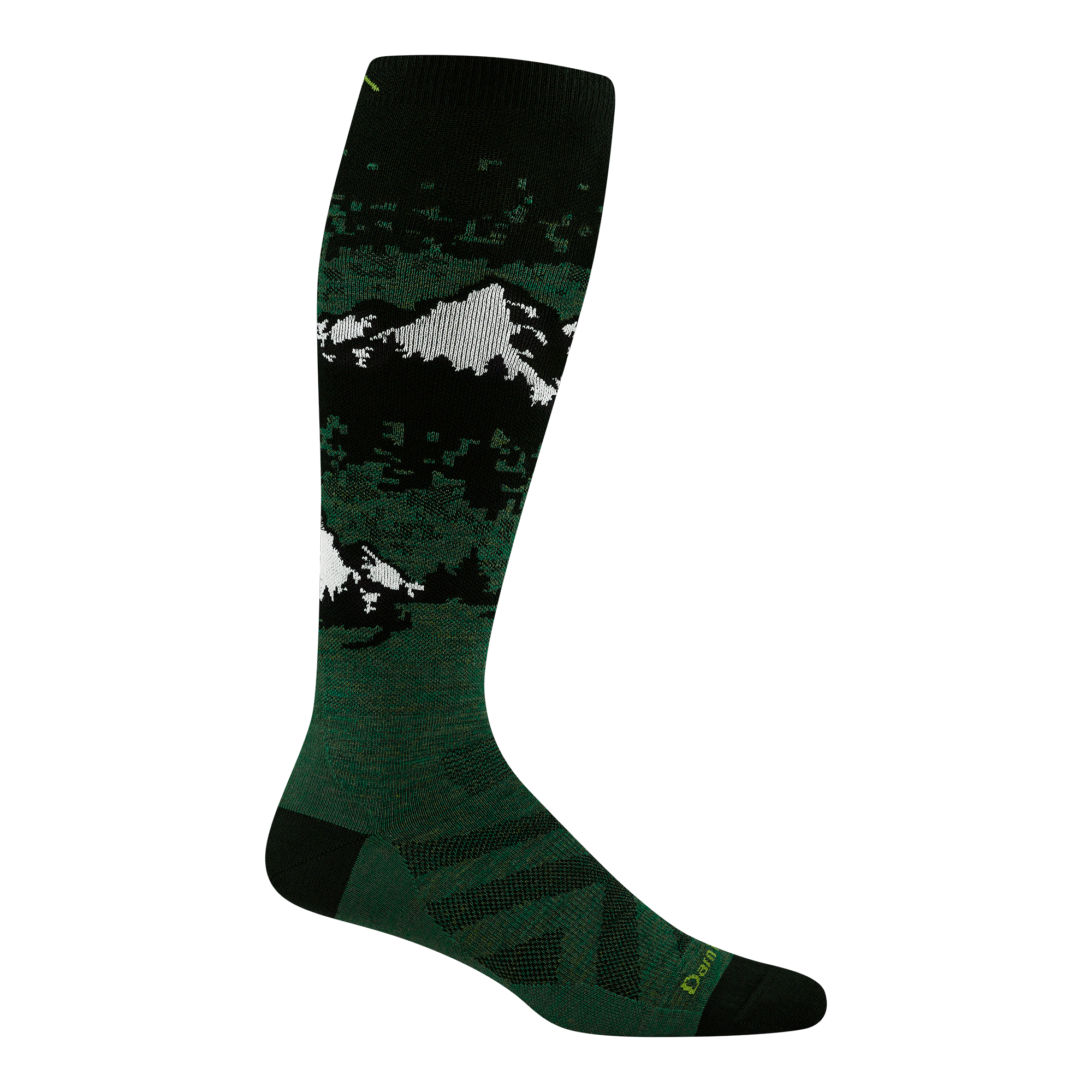 8051 cold smoke over the calf in moss featuring a green body black heel/toe with a black and white mountain design on leg