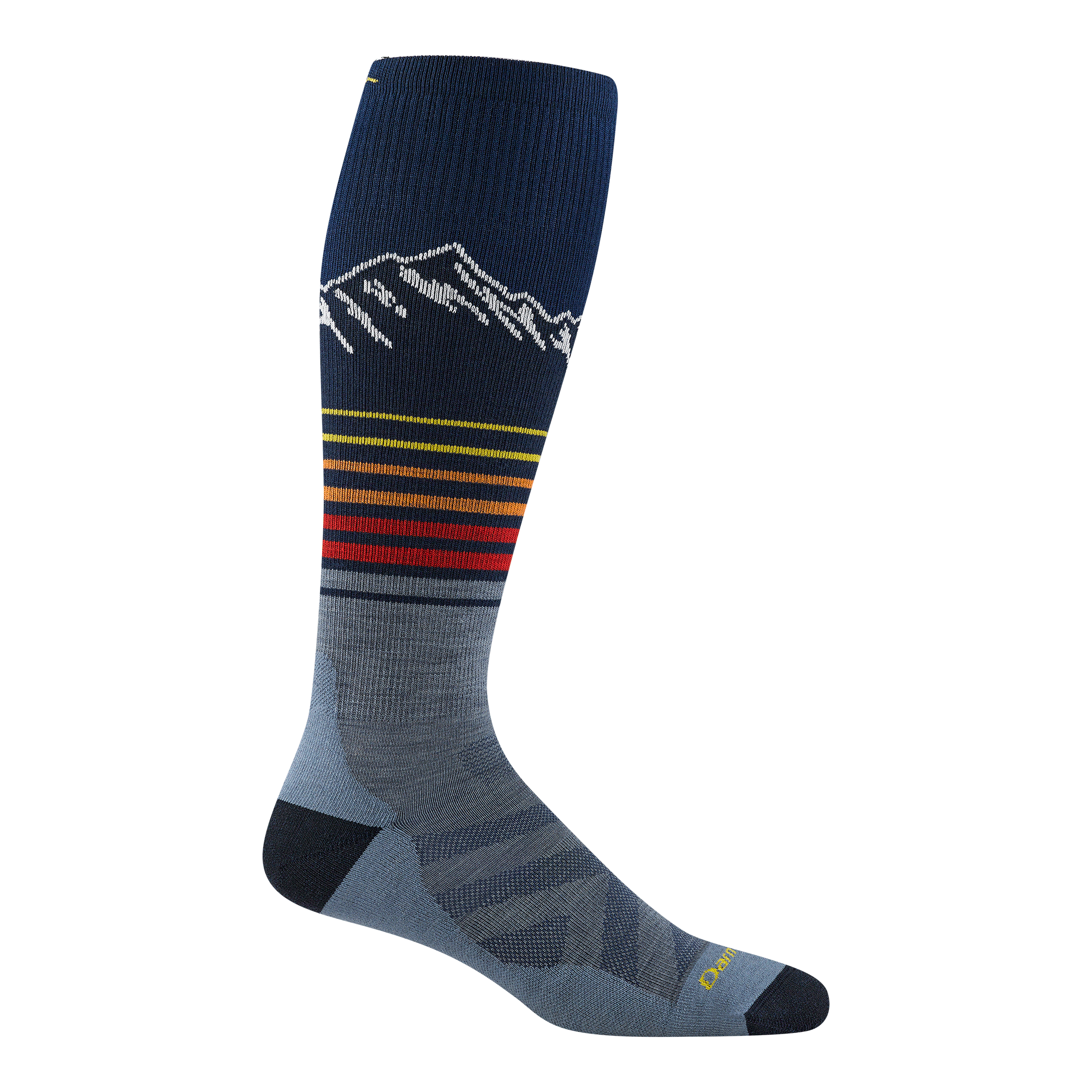 8052 steep line over the calf in eclipse featuring a dark heel/toe light blue body with red, yellow, orange stripes on leg