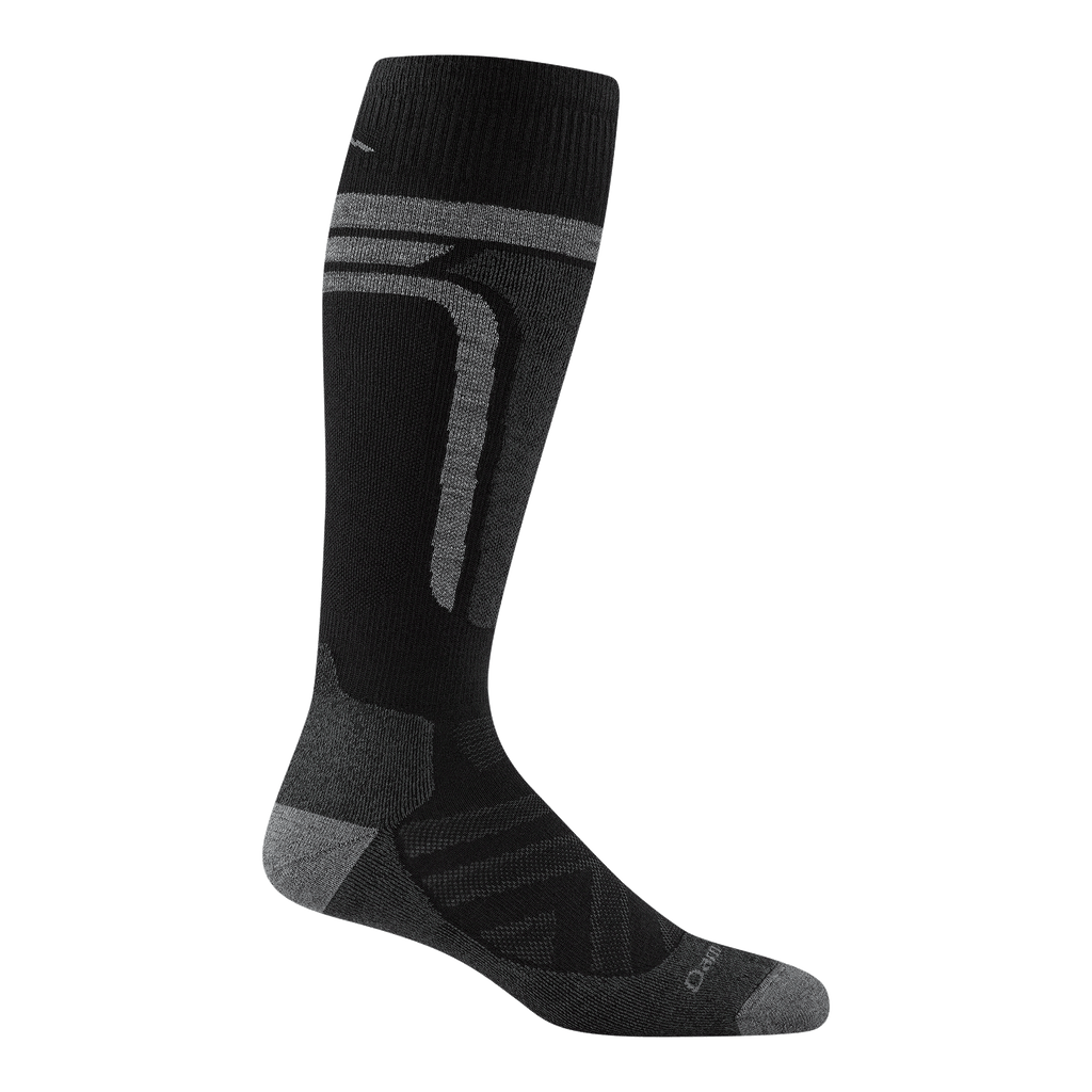 8053 edge over the calf in black featuring light gray heel/toe and vertical stripes on the up leg and logo 