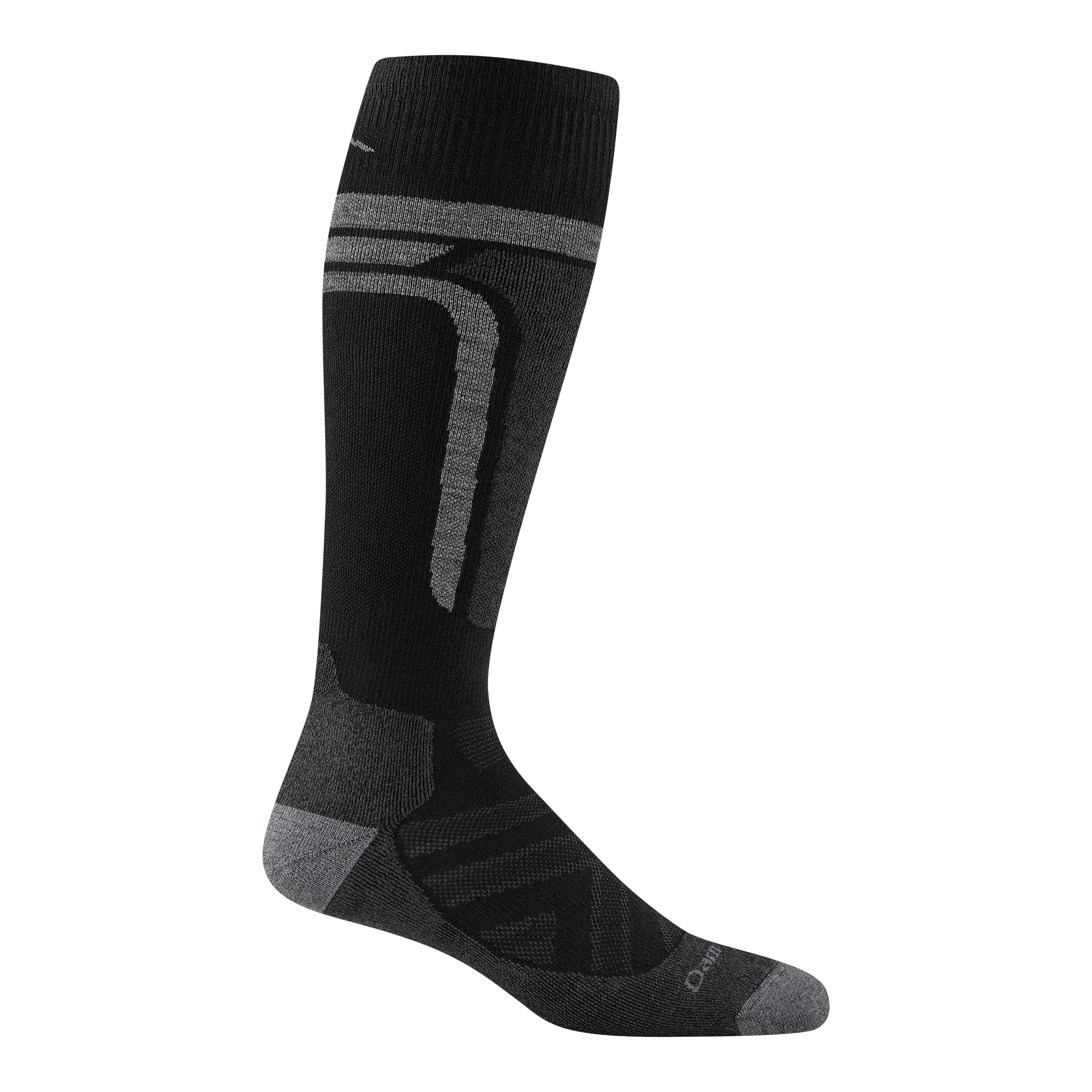 8053 edge over the calf in black featuring light gray heel/toe and vertical stripes on the up leg and logo 