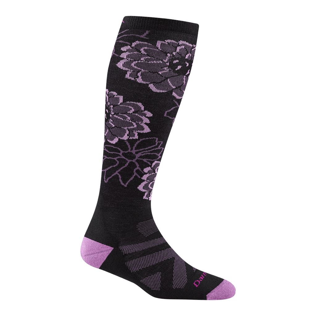 8056 Dahlia over the calf in black with purple heel/toe and Flowers on the leg 