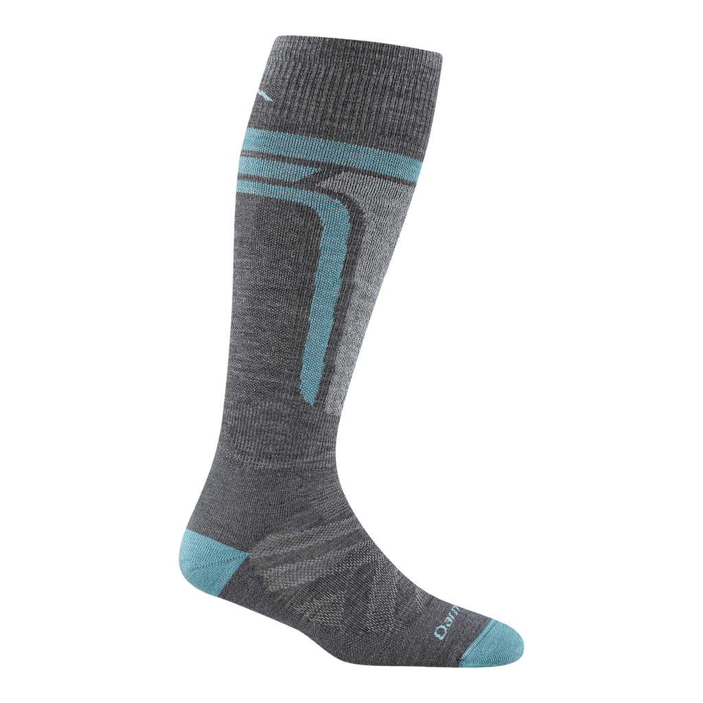 8057 Edge over the calf in gray with aqua heel/toe with stripe around the cuff and one going down the leg next to the shin pad