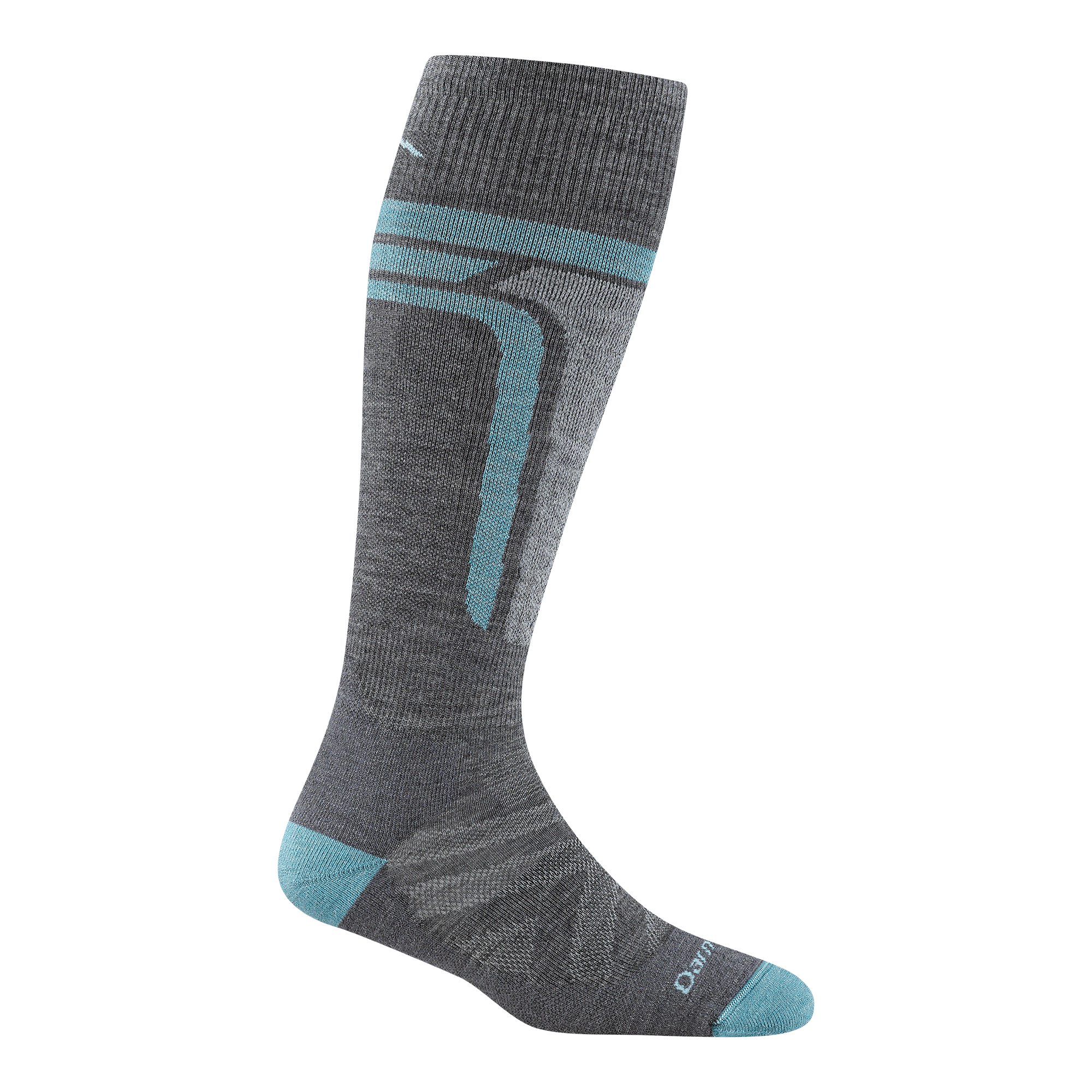 8057 Edge over the calf in gray with aqua heel/toe with stripe around the cuff and one going down the leg next to the shin pad