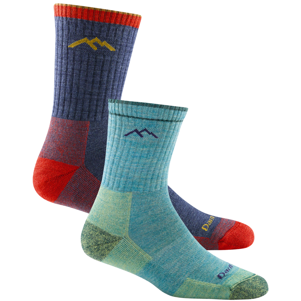 2 pack bundle shot of men's micro crew hiking sock in denim and women's micro crew hiking sock in aqua