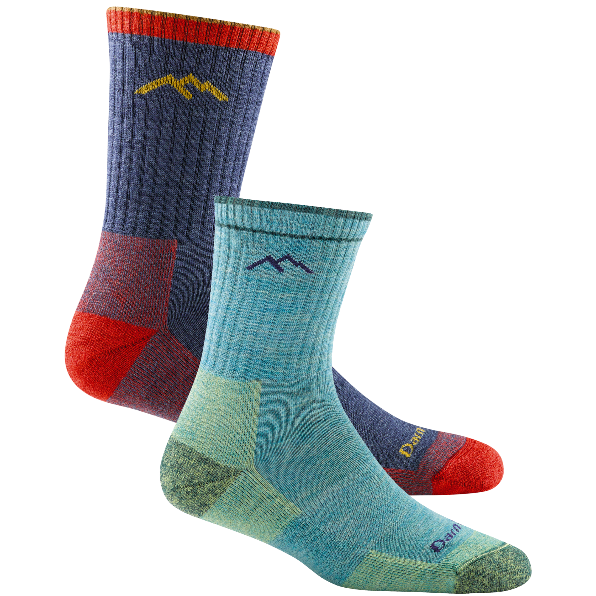 2 pack bundle shot of men's micro crew hiking sock in denim and women's micro crew hiking sock in aqua