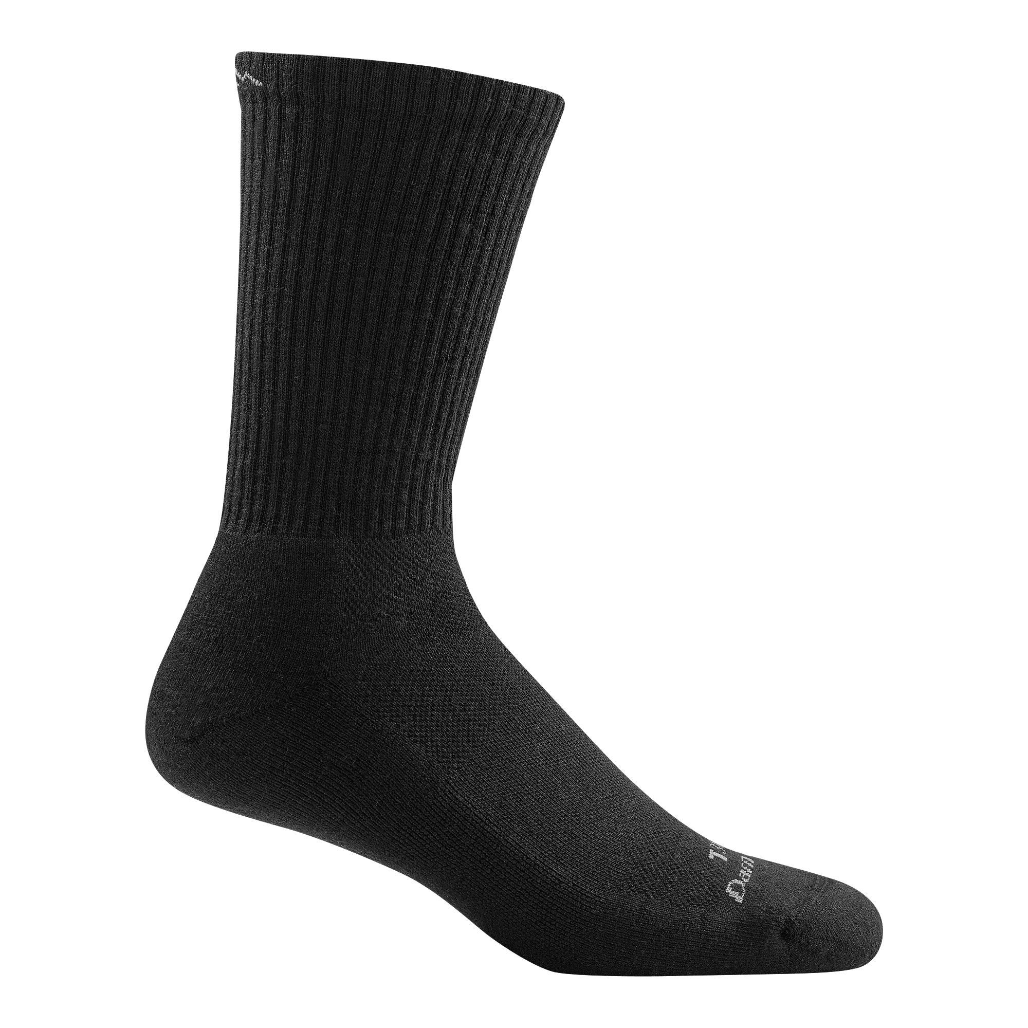 T3001 unisex micro crew lightweight tactical sock in color black with white darn tough signature on forefoot