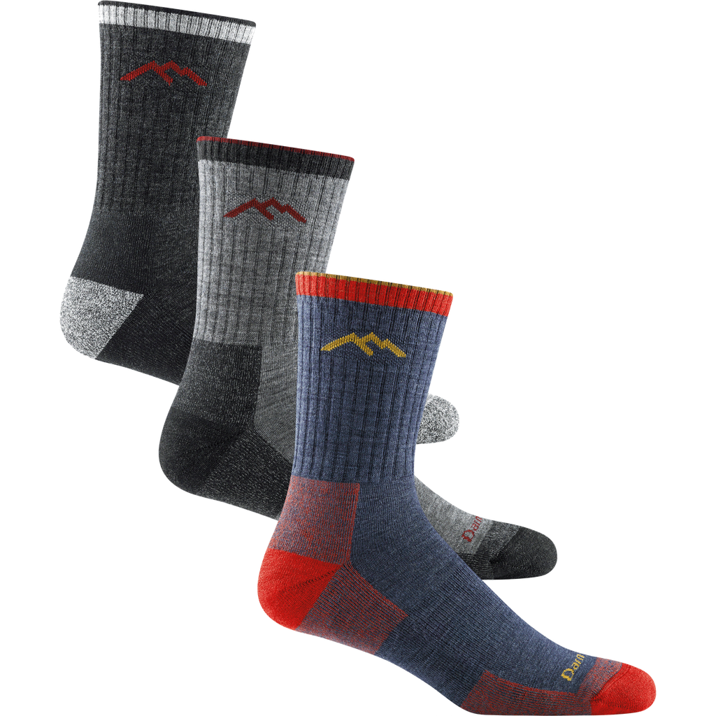 3 pack bundle shot of the men's 1466 micro crew hiking sock in black, charcoal, and denim